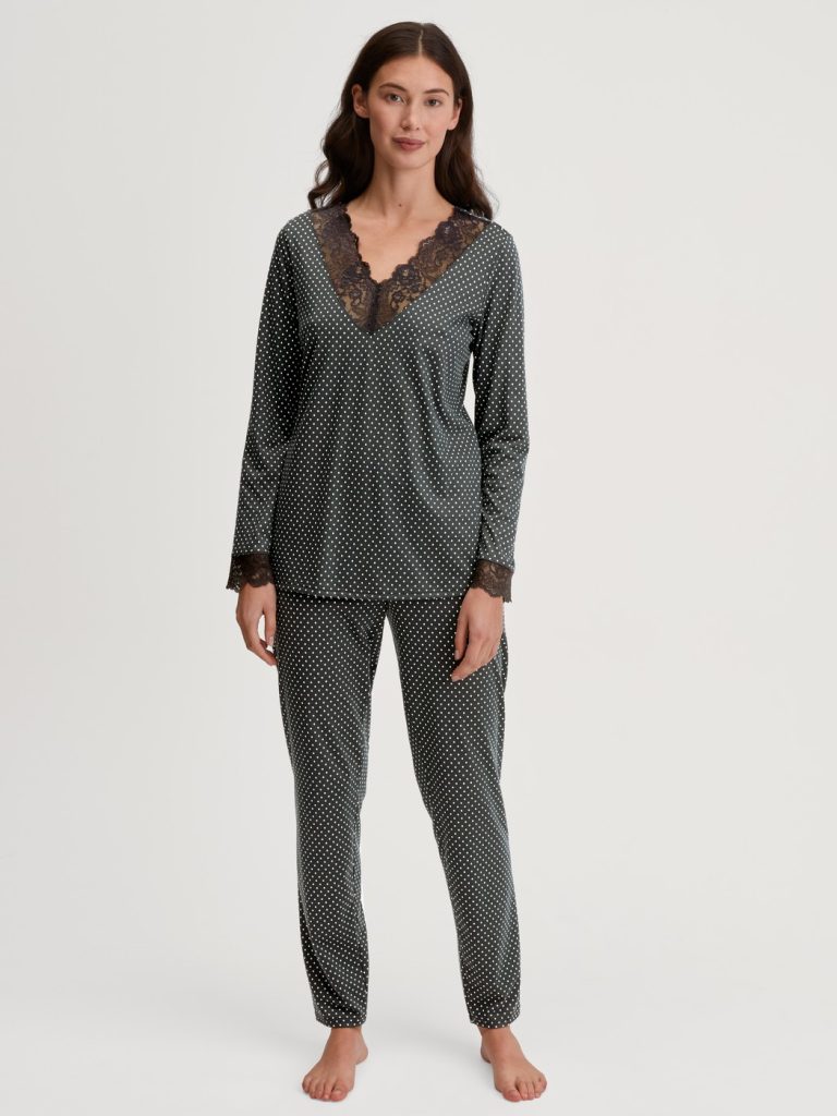calida : pyjama col v dentelle petits pois coton:modal